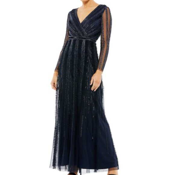 MAC DUGGAL 9145 ILLUSIONS A-LINE LONG SLEEVE MIDNIGHT GOWN 6 - Picture 1 of 7
